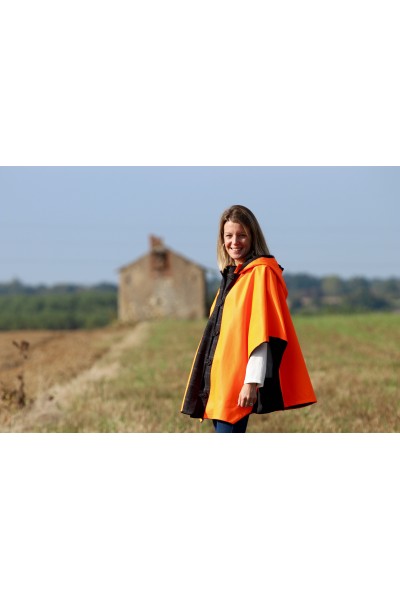 Cape Laveline CITY réversible – Tweed Gris à Carreaux Bleus & Doublure Orange Haute Visibilité | Made in France