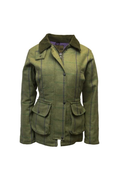 Manteau tweed femme vert clair carreaux prunes