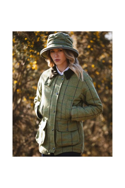 Manteau tweed femme vert clair carreaux prunes