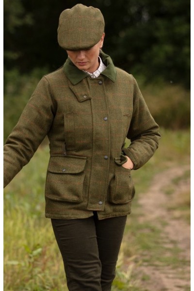 Manteau tweed femme vert carreaux rouges