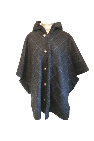 Cape Laveline CITY réversible – Tweed gris carreaux bleus | 100 % laine & déperlante – unisexe