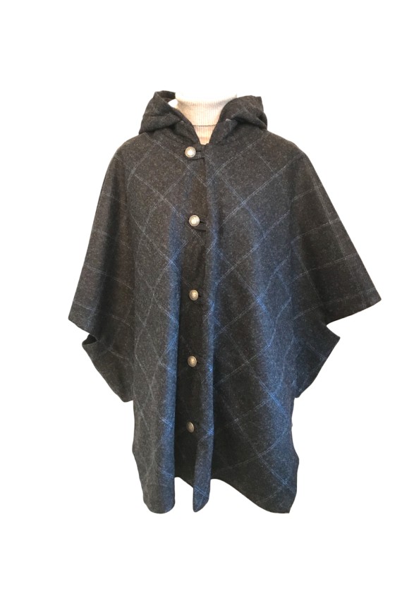 Cape Laveline CITY réversible – Tweed gris carreaux bleus | 100 % laine & déperlante – unisexe