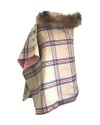 Cape Harriet – Tweed beige carreaux bordeaux et bleu | 100 % laine – col fourrure amovible