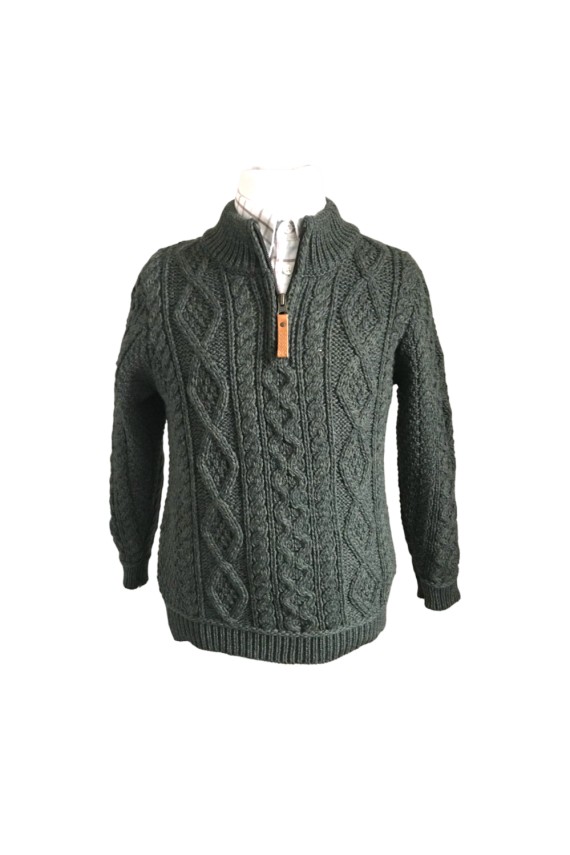 Pull Enfant Zippé Vert Forêt – Pure Laine Mérinos & Col Camionneur