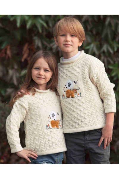 Pull Enfant Tricoté – Laine Mérinos Irlande – Blanc Cassé