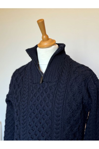 Pull tricoté zippé bleu marine – Homme | 100 % pure laine mérinos – tricot irlandais