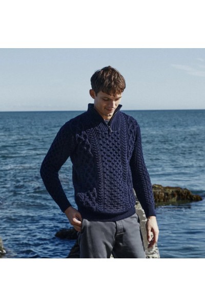 Pull tricoté zippé bleu marine – Homme | 100 % pure laine mérinos – tricot irlandais