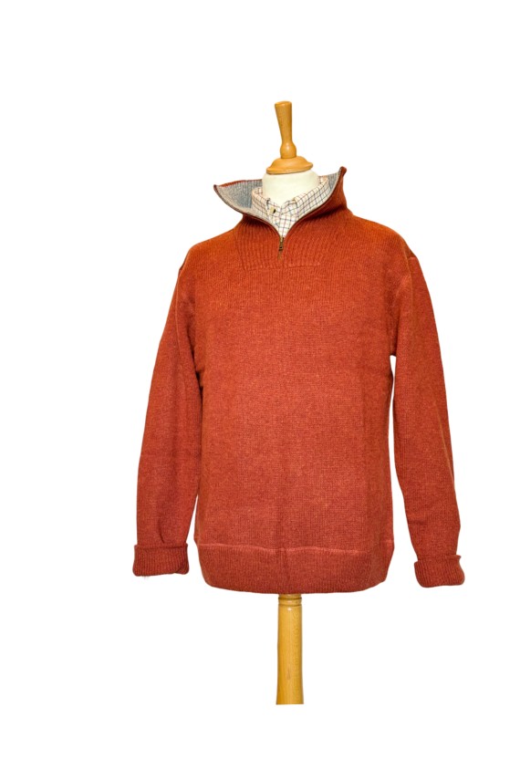 Pull tricoté orange zippé – Homme | 100 % laine mérinos – tricoté en Irlande