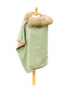 Cape Harriet – Tweed vert & rose | 100 % laine – col fourrure amovible – made in France