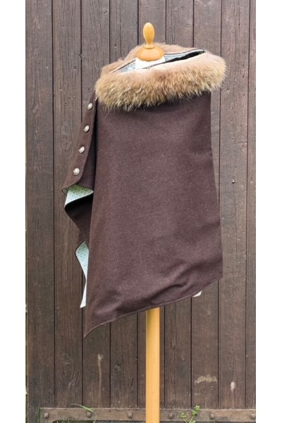 Cape Harriet – Tweed marron mocha | 100 % laine – col fourrure amovible – fabriquée en France
