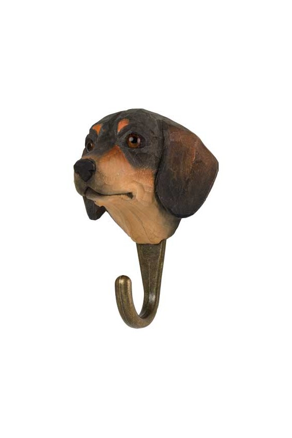 Patère Chien Teckel – bois sculpté & crochet métal bronze