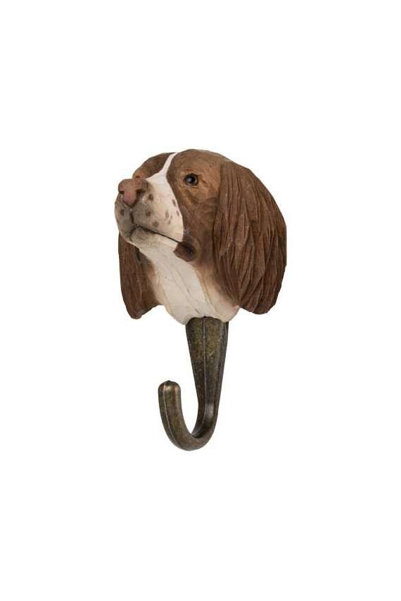 Patère Chien Springer – bois sculpté & peint à la main avec crochet métal bronze