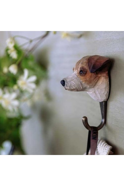 Patère Chien Jack Russell – bois sculpté et peint à la main, crochet métal bronze (6,4 × 5,8 × 9,8 cm)