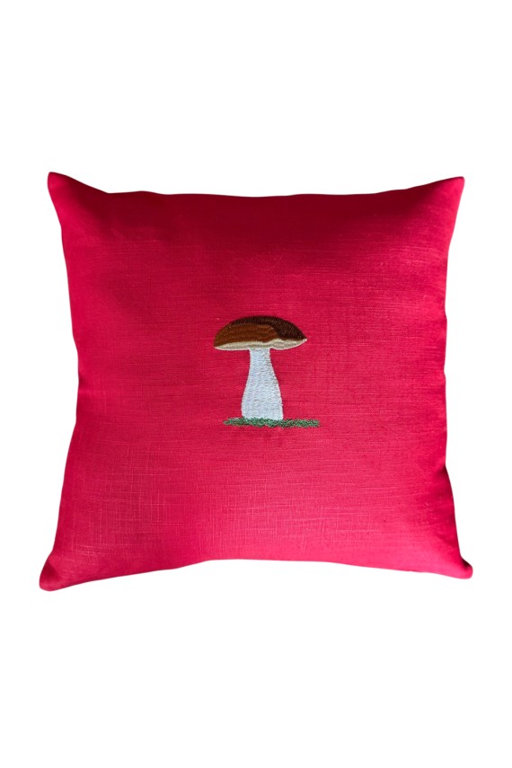 Coussin en lin rouge brodé cèpe – 35×35 cm