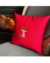 Coussin en lin rouge brodé cèpe – 35×35 cm