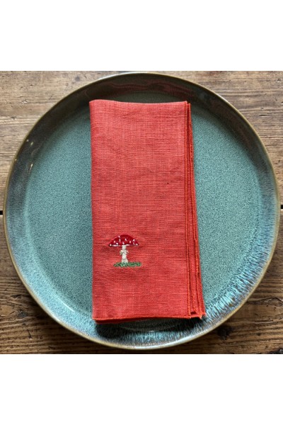 Lot de 4 serviettes en lin rouille brodées de champignons