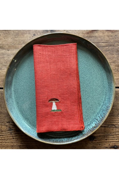 Lot de 4 serviettes en lin rouille brodées de champignons