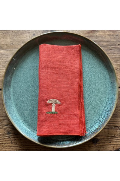 Lot de 4 serviettes en lin rouille brodées de champignons