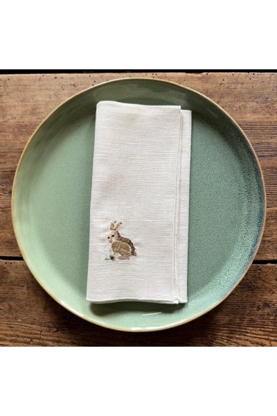 Lot de 4 serviettes en lin blanc brodées animaux des bois