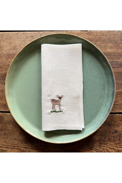 Lot de 4 serviettes en lin blanc brodées animaux des bois