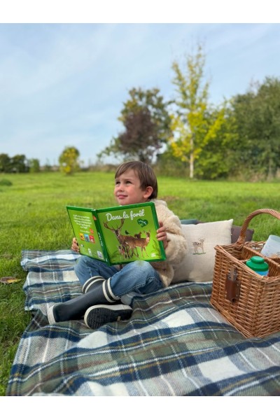 Grande nappe de pique-nique en tweed Bleu Vert – pure laine, dos imperméable, made in England