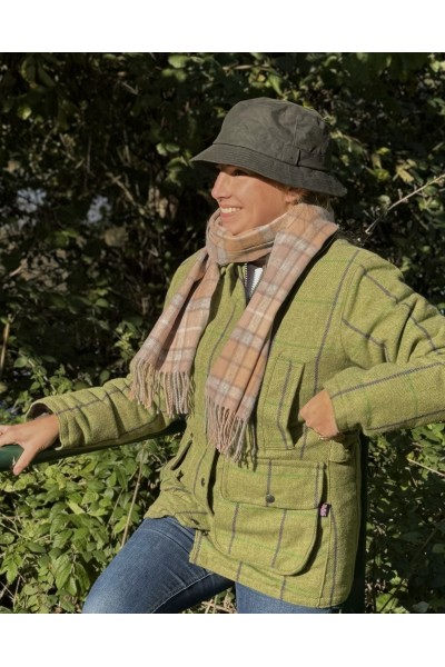 Écharpe à carreaux beige et gris clair – 100 % laine d’agneau, confection anglaise