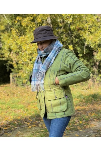 Manteau tweed femme – Vert clair à carreaux prunes | Élégance rétro et protection imperméable
