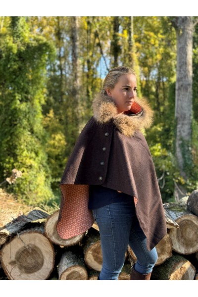 Cape Harriet – Tweed marron mocha | 100 % laine – col fourrure amovible – fabriquée en France