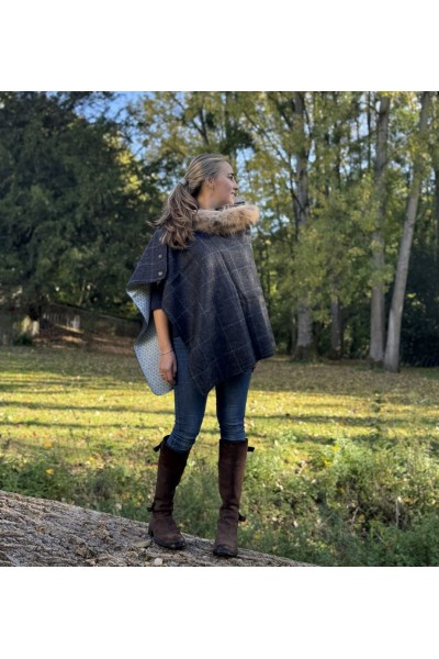 Cape Harriet – Tweed gris & bleu | 100 % laine – col fourrure amovible – made in France