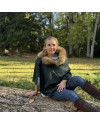 Cape Harriet – Tweed vert forêt | 100 % laine vierge – Col fourrure amovible – Fabrication française