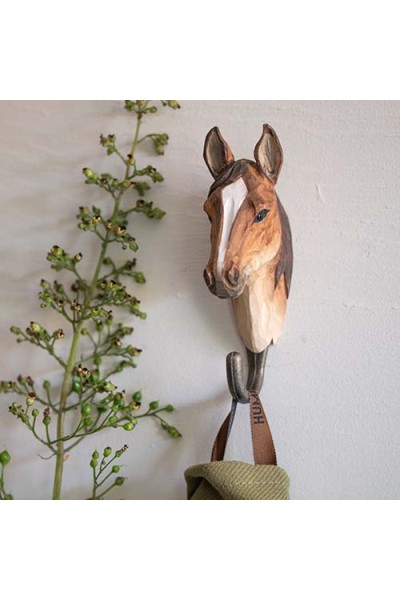 Patère Cheval – bois sculpté & crochet métal bronze