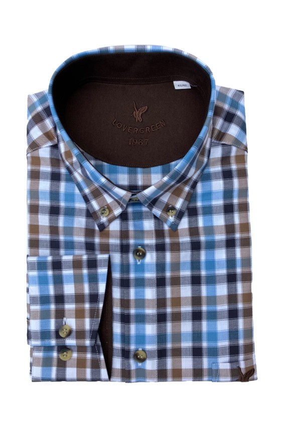 Chemise homme à carreaux bleu, marine et beige – col boutonné