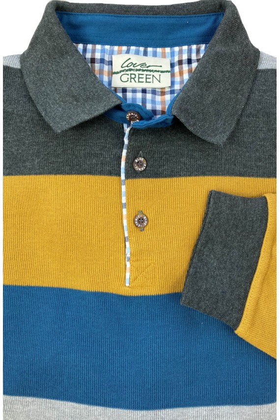 Sweat col boutonné rayé bleu jaune et taupe – Made in Portugal