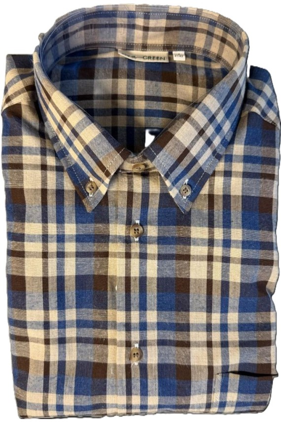 Chemise homme à carreaux bleu, gris et beige – col boutonné